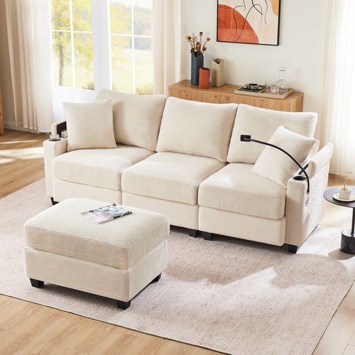 Canapé D’angle L 3-4 Places En Corduroy Avec Repose-pieds, USB Et Rangement