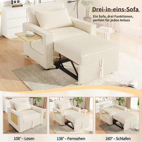 Fauteuil Convertible Multifonction Avec USB Et Porte-smartphone, Tissu Velours Côtelé Beige
