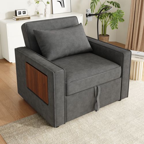 Fauteuil Convertible Multifonction Avec USB Et Porte-smartphone, Tissu Velours Côtelé Gris