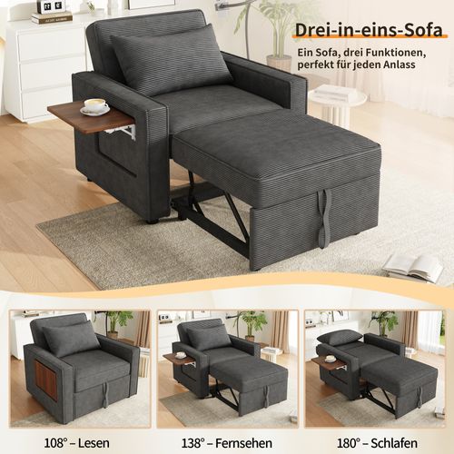 Fauteuil Convertible Multifonction Avec USB Et Porte-smartphone, Tissu Velours Côtelé Gris