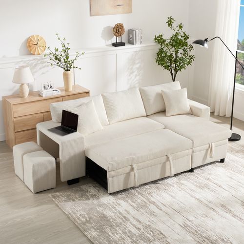 Canapé D’angle Convertible 3 Places Avec Rangement, USB Et Coussins, Tissu Beige