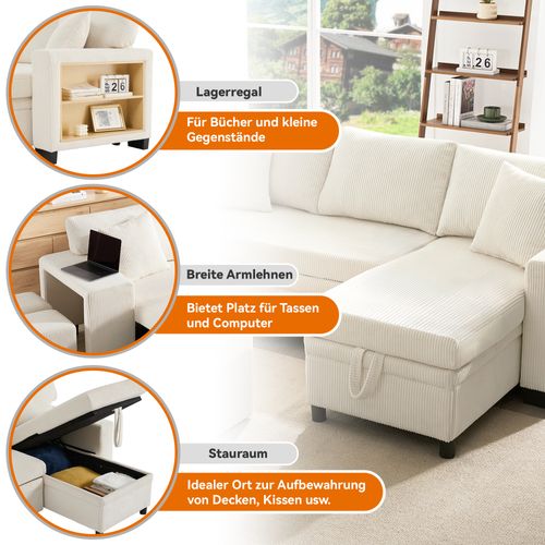 Canapé D’angle Convertible 3 Places Avec Rangement, USB Et Coussins, Tissu Beige