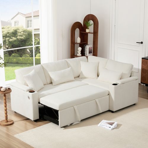 Canapé D’angle Convertible L Avec Rangement, Coussins Et Porte-gobelets, Beige