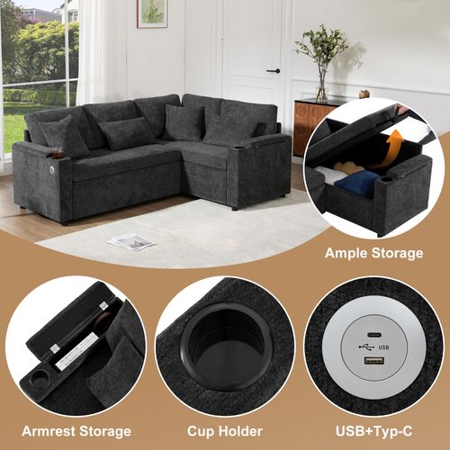 Canapé D’angle Convertible L Avec Rangement, Coussins Et Porte-gobelets, Gris Foncé