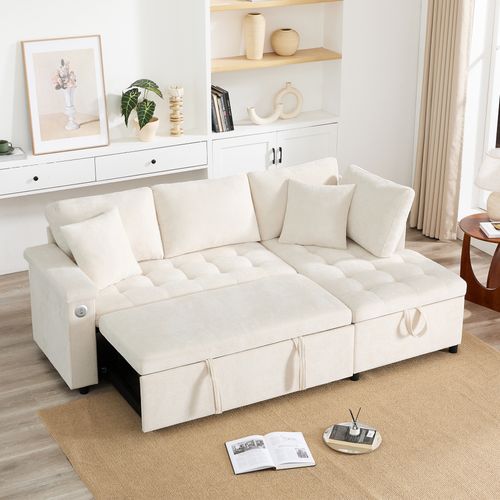 Canapé D’angle Moderne L Convertible Avec Rangement, USB Et Coussins, 3-4 Places, Beige