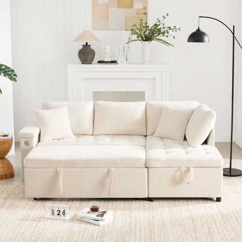 Canapé D’angle Moderne L Convertible Avec Rangement, USB Et Coussins, 3-4 Places, Beige