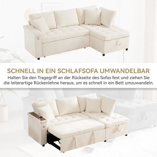 Canapé D’angle Moderne L Convertible Avec Rangement, USB Et Coussins, 3-4 Places, Beige