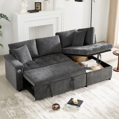 Canapé D’angle Moderne L Convertible Avec Rangement, USB Et Coussins, 3-4 Places, Gris Foncé