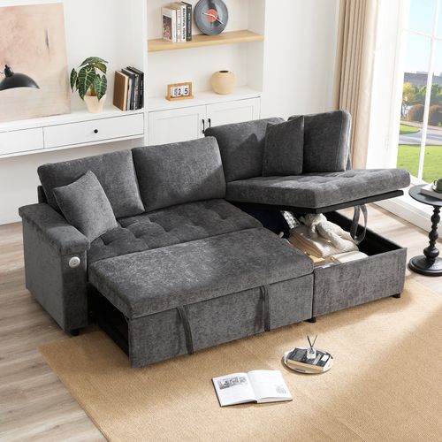 Canapé D’angle Moderne L Convertible Avec Rangement, USB Et Coussins, 3-4 Places, Gris Foncé