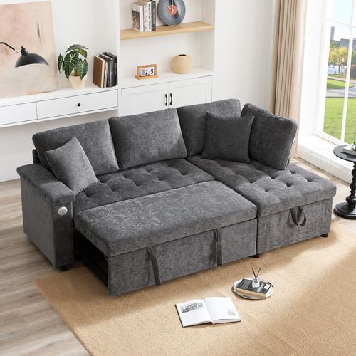 Canapé D’angle Moderne L Convertible Avec Rangement, USB Et Coussins, 3-4 Places, Gris Foncé