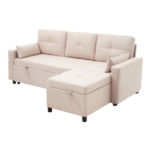 Canapé D’angle Moderne L Modulable Avec Lit, Rangement Et Porte-gobelet, 3-4 Places, Beige