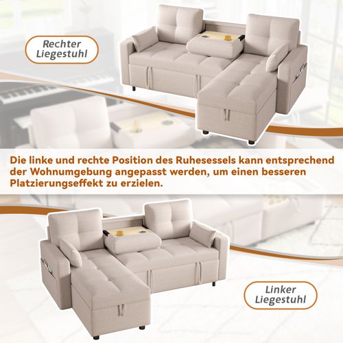 Canapé D’angle Moderne L Modulable Avec Lit, Rangement Et Porte-gobelet, 3-4 Places, Beige