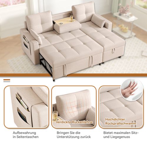 Canapé D’angle Moderne L Modulable Avec Lit, Rangement Et Porte-gobelet, 3-4 Places, Beige