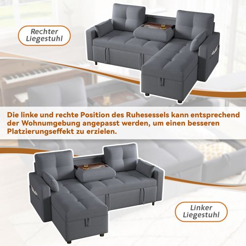 Canapé D’angle Moderne L Modulable Avec Lit, Rangement Et Porte-gobelet, 3-4 Places, Gris