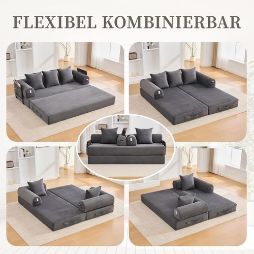 Canapé Gris Foncé En Corduroy Avec Cadre Métallique, Poches Latérales Et 3 Coussins Confort