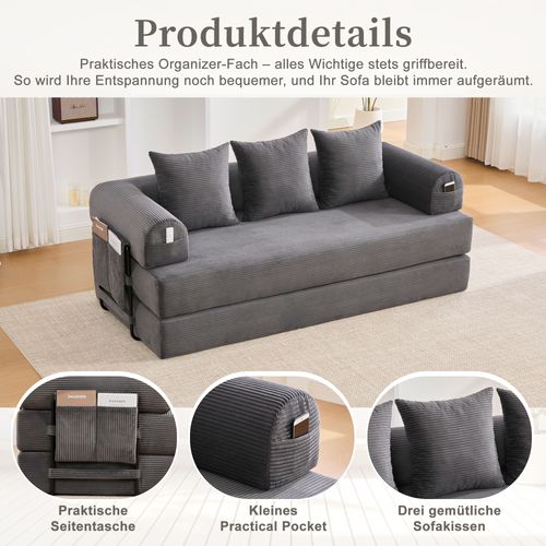 Canapé Gris Foncé En Corduroy Avec Cadre Métallique, Poches Latérales Et 3 Coussins Confort