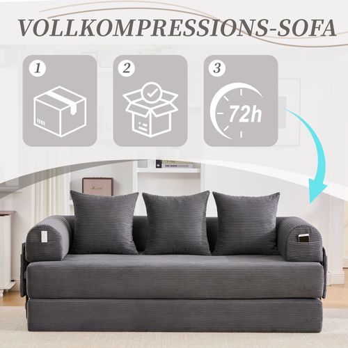 Canapé Gris Foncé En Corduroy Avec Cadre Métallique, Poches Latérales Et 3 Coussins Confort