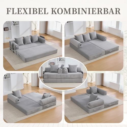 Canapé Gris Clair En Corduroy Avec Cadre Métallique, Poches Latérales Et 3 Coussins Confort