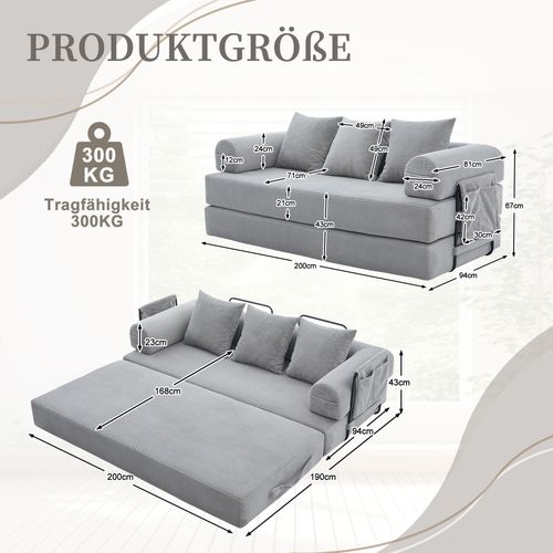 Canapé Gris Clair En Corduroy Avec Cadre Métallique, Poches Latérales Et 3 Coussins Confort