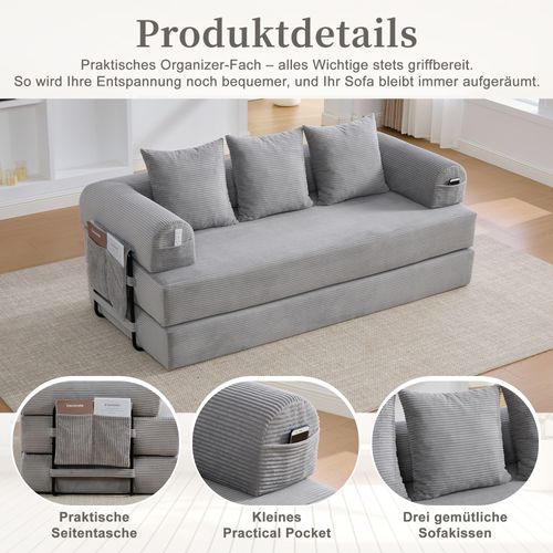 Canapé Gris Clair En Corduroy Avec Cadre Métallique, Poches Latérales Et 3 Coussins Confort