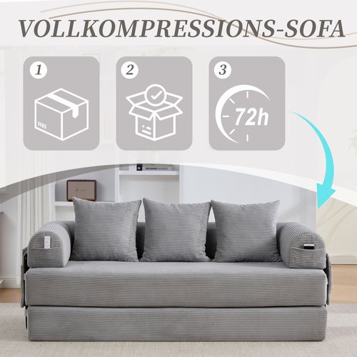 Canapé Gris Clair En Corduroy Avec Cadre Métallique, Poches Latérales Et 3 Coussins Confort