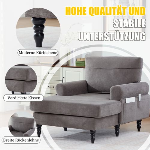 Fauteuil Moderne En Chenille Gris Foncé, Canapé 1 Place Avec Accoudoirs Et Poches Latérales