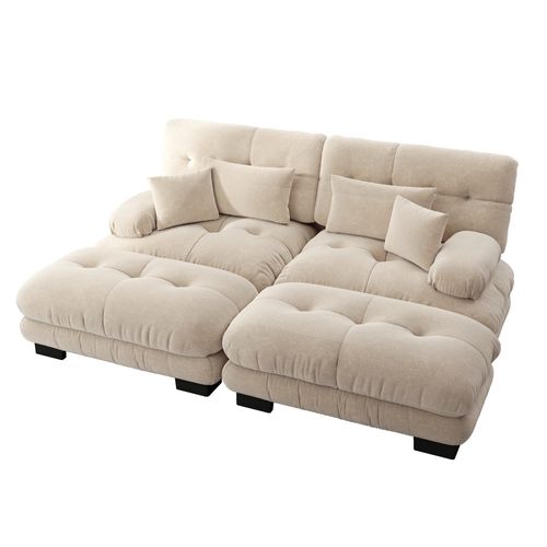 Canapé Modulable Cloud 2 Places Avec 2 Ottomans, Coussins Et Chenille Vintage, Brun Clair