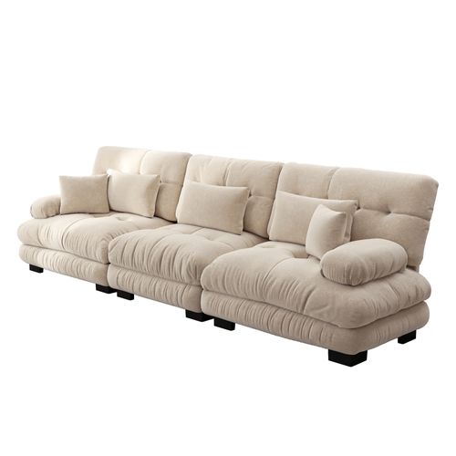 Canapé Modulable 3 Places En Chenille Avec Assise Profonde Et Coussins, Brun Clair