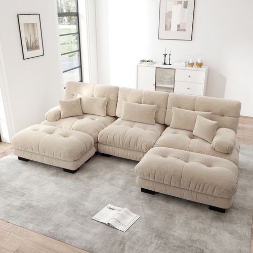 Canapé Modulable XL En U Cloud En Chenille Avec Ottoman Et Assise Profonde, Brun Clair