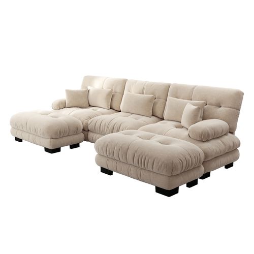 Canapé Modulable XL En U Cloud En Chenille Avec Ottoman Et Assise Profonde, Brun Clair