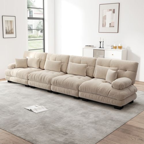 Canapé Modulable 4 Places Cloud En Chenille Avec Assise Profonde Et Confort Optimal, Brun Clair