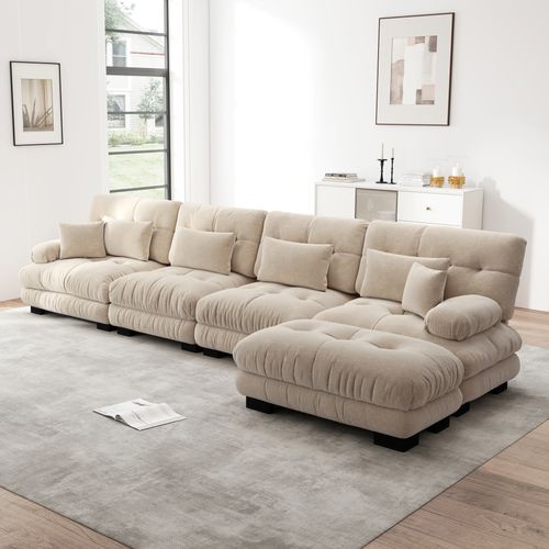 Canapé Modulable L 4 Places Cloud En Chenille Avec Ottoman Mobile Et Assise Profonde, Brun Clair