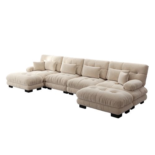 Canapé Modulable U 4 Places Cloud En Chenille Avec Ottoman Mobile Et Assise Profonde, Brun Clair