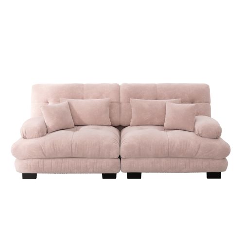 Canapé Modulable Cloud En Chenille Rose Clair, 2 Coussins Lombaires Et 2 Coussins Déco