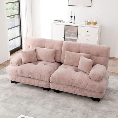 Canapé Modulable Cloud En Chenille Rose Clair, 2 Coussins Lombaires Et 2 Coussins Déco