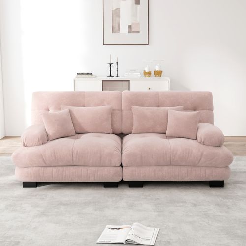 Canapé Modulable Cloud En Chenille Rose Clair, 2 Coussins Lombaires Et 2 Coussins Déco