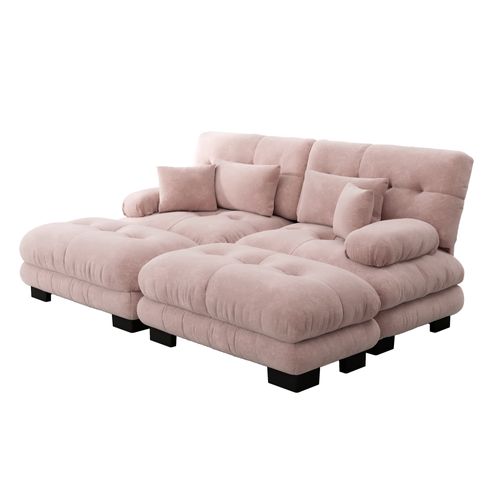 Canapé Modulable Cloud 2 Places Avec 2 Ottomans, Coussins Et Chenille Vintage, Rose