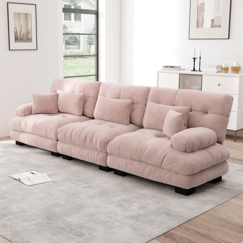 Canapé Modulable 3 Places En Chenille Avec Assise Profonde Et Coussins, Rose