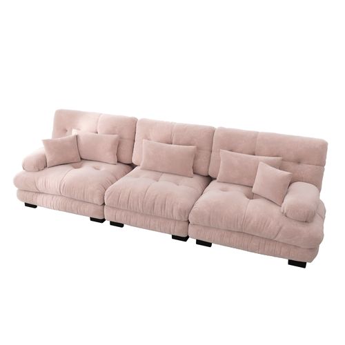 Canapé Modulable 3 Places En Chenille Avec Assise Profonde Et Coussins, Rose