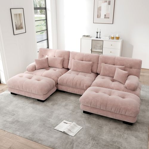 Canapé Modulable XL En U Cloud En Chenille Avec Ottoman Et Assise Profonde, Rose