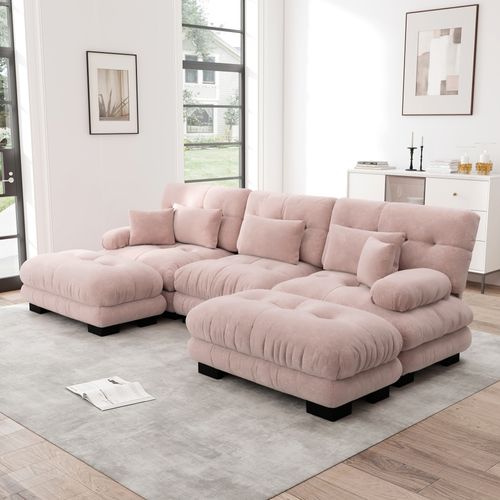 Canapé Modulable XL En U Cloud En Chenille Avec Ottoman Et Assise Profonde, Rose