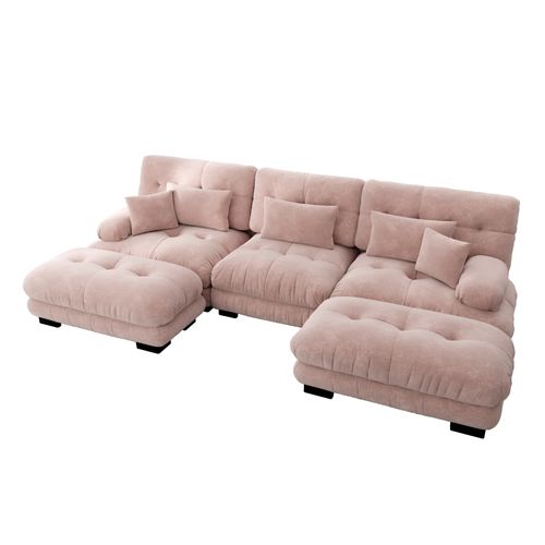 Canapé Modulable XL En U Cloud En Chenille Avec Ottoman Et Assise Profonde, Rose