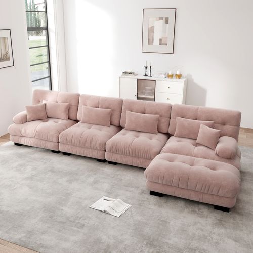 Canapé Modulable L 4 Places Cloud En Chenille Avec Ottoman Mobile Et Assise Profonde, Rose