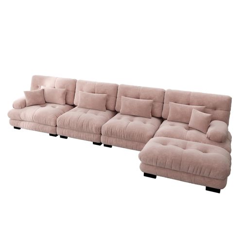 Canapé Modulable L 4 Places Cloud En Chenille Avec Ottoman Mobile Et Assise Profonde, Rose