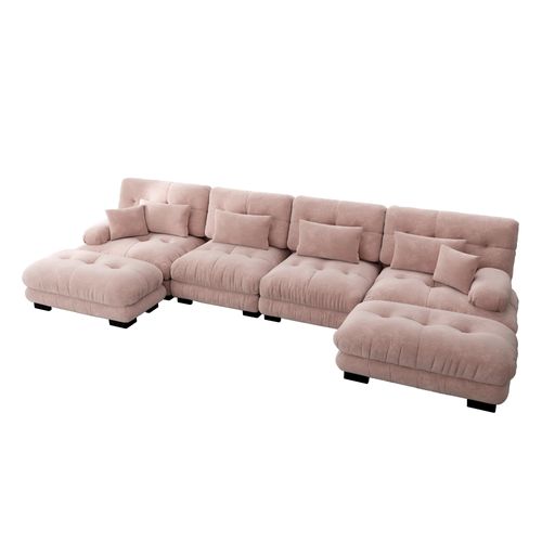 Canapé Modulable U 4 Places Cloud En Chenille Avec Ottoman Mobile Et Assise Profonde, Rose