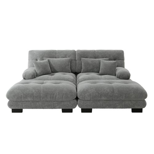 Canapé Modulable Cloud 2 Places Avec 2 Ottomans, Coussins Et Chenille Vintage, Gris