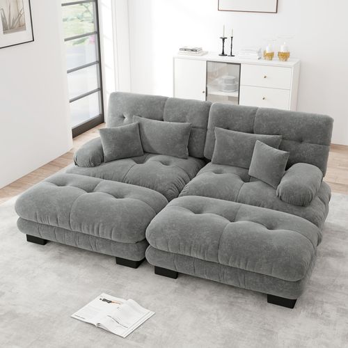 Canapé Modulable Cloud 2 Places Avec 2 Ottomans, Coussins Et Chenille Vintage, Gris