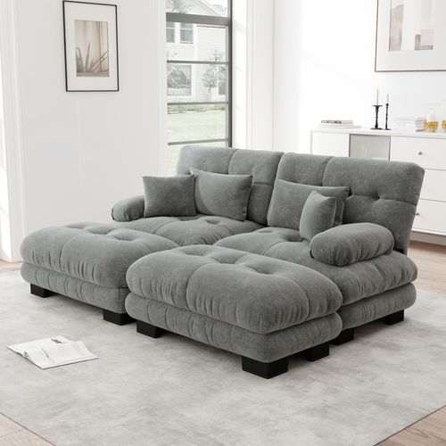 Canapé Modulable Cloud 2 Places Avec 2 Ottomans, Coussins Et Chenille Vintage, Gris
