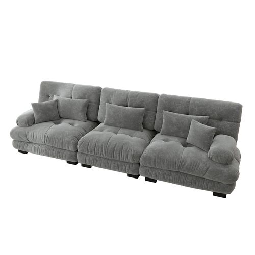 Canapé Modulable 3 Places En Chenille Avec Assise Profonde Et Coussins, Gris