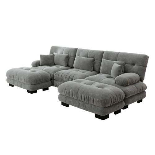 Canapé Modulable XL En U Cloud En Chenille Avec Ottoman Et Assise Profonde, Gris